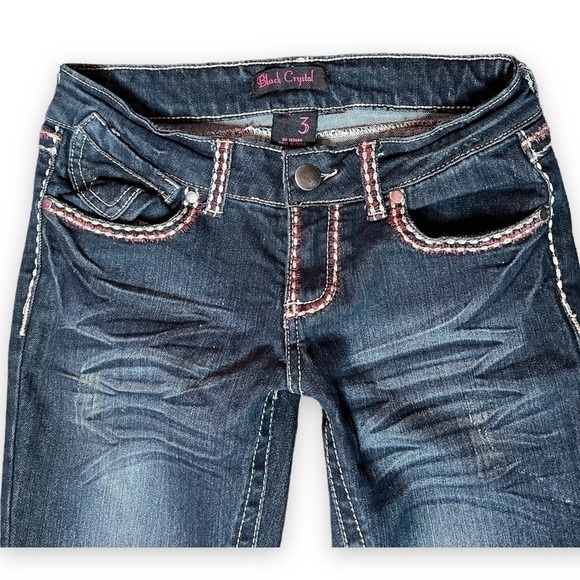 Black Crystal Jeans Dark Denim Thick Stitch Bootcut Junior’s 3 - Picture 3 of 4